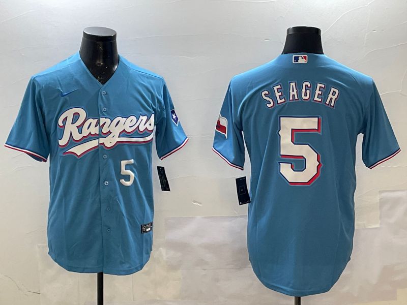 Men Texas Rangers 5 Seager Light Blue Game 2025 Nike MLB Jersey style 5